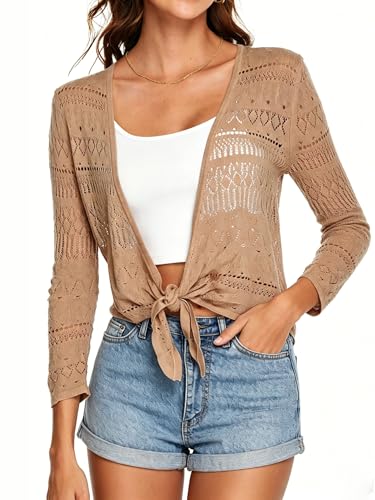Image of Spicy Sandia Tie Front Sheer Shrug 3 /4 Sleeve Cropped Crochet Cardigan for Summer Lightweight