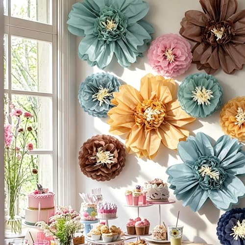 Image of TaoBary Large Colorful Tissue Paper Flowers Giant Fiesta Paper Pom Poms Classroom Wall Decor Mexican Birthday Party Decorations Wedding Backdrop(20 inch and 10 inch,Bohemian Color,12 Pcs)