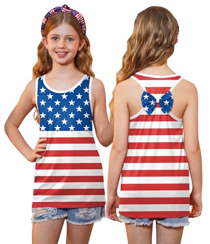 Image of 4th of July Girls Flag Tank Top Back Bow Sleeveless Patriotic Holidays T-Shirt 4-14 Years