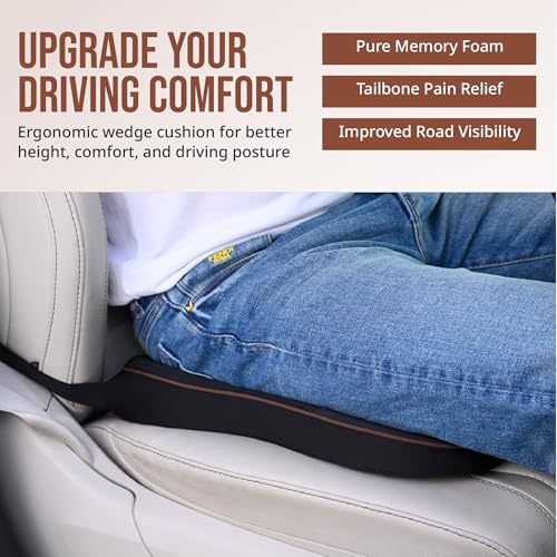 Image of Wedge Car Seat Cushion - Memory Foam Driver Seat Pad for Height & Comfort | Coccyx Cutout for Tailbone & Lower Back Pain Relief & Better Road Visibility (Black)