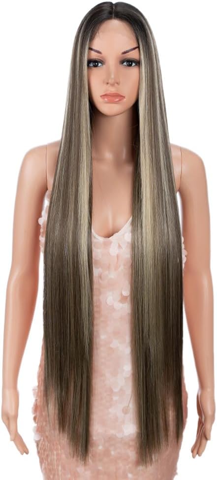 Style Icon 38" Super Long Straight Wigs 6" Deeper Middle Part Lace Lace Front Wigs Ombre Brown Synthetic Wig (38", NTSN4/UN8/12R)