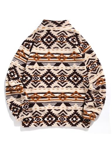 Image of ZAFUL Men 1 /4 Zipper Ethnic Aztec Fleece Unisex Winter Sweatshirt Tops 2026 | Funnel Neck Fluffy Polar Fleece Faux Sherpa Soft Thermal Pullover Kangaroo Pocket Jacket Hoodie Tops