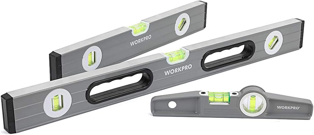 WORKPRO Torpedo Level, 3-Piece Spirit Level Set, 9"(Magnetic), 16"(Non-magnetic), 24"(Non-magnetic), Bubbles Measuring, Clear