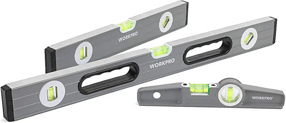 WORKPRO Torpedo Level, 3-Piece Spirit Level Set, 9"(Magnetic), 16"(Non-magnetic), 24"(Non-magnetic), Bubbles Measuring, Clear, Green.