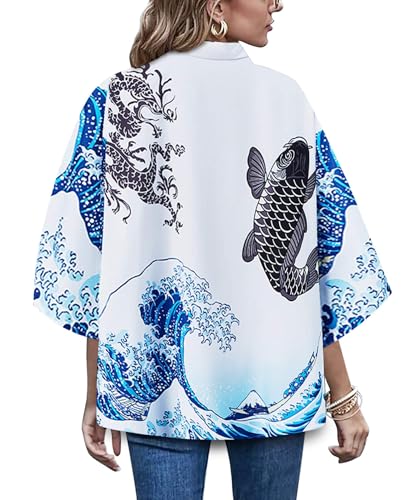 Image of LAI MENG FIVE CATS Women's Floral Print Loose Blouse Japanese Kimono Tops | Puff Sleeve,Cover up Top,Casual Cute Tops,Summer Cardigans 2026