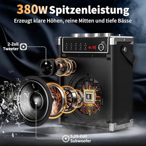 JYX Karaoke Maschine mit 2 UHF-Funkmikrofonen, Bluetooth-Lautsprecher mit Bass-/Höhen-Einstellung und LED-Licht, PA-Systemunterstützung TWS, AUX in, FM, Rec, Versorgung für Party/Erwachsene