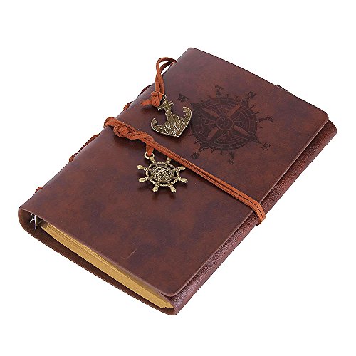 Evz Leather Writing Journal Notebook, 7 Inches Vintage Nautical Spiral Blank String Diary Notepad Sketchbook Travel To Write In, Unlined Paper, Retro Pendants, Classic Embossed, Retro Coffee #TOP2