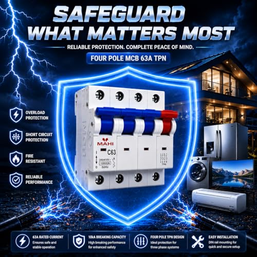 Image of MAHI 63A Four Pole MCB C Curve, Miniature Circuit Breaker with Overload & Short Circuit Protection, 63A Breaking Capacity, Durable Polycarbonate Body for Home & Industrial Use