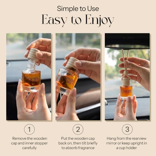 Image of Sandal & Amber Car Air Freshener Hanging | Car Perfume, 8 ml | 0.27 fl oz (8 ml) | 30-Day Luxury Glass Diffuser | Amber, Creamy Sandalwood & Woody Spice | Long-Lasting Woody Spice Scent
