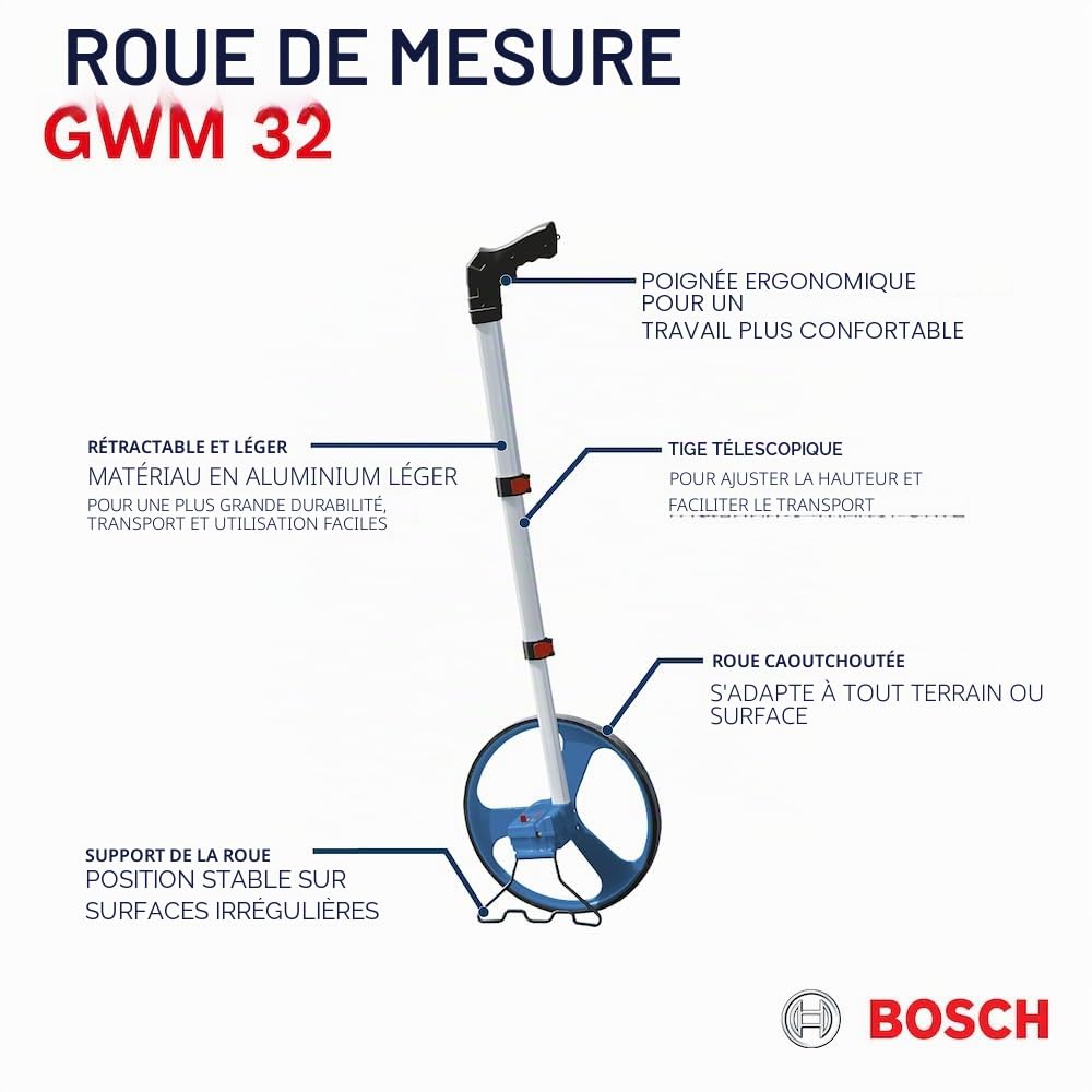 Bosch Professional odomètre GWM 32 (diamètre de roue : 31,85 cm, circonférence : 1 m, distance maximale mesurable : 9999,9 m)