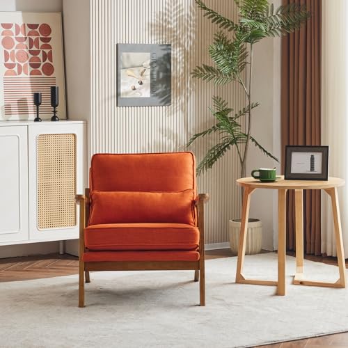 Image of Karl home Mid-Century Lounge Accent Chair, Burnt Orange | Wide Curved Armrest, Linen Fabric, Lumbar Pillow Included, Solid Wood Frame, For Living Room, Bedroom, Balcony, Apartment