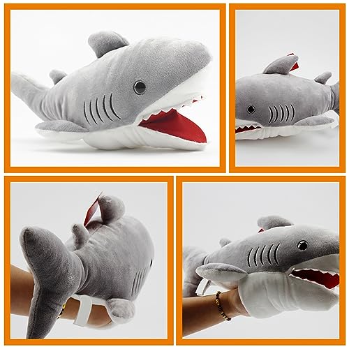 LOGOFUN Cartoon Plush Shark Hand Puppet Grey Plush Animal Shark Hand Toy Cute Plush Shark Hand Puppet for Parent Kids Interactive Supplies