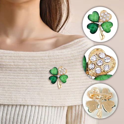 Image of 4 Leaf Clover Brooch Pin for Women St Patricks Day Accessories,Green Crystal Rhinestone Irish Shamrock Clover Pin Brooch Lucky Decor Dress Accessories St Patrick's Day Holiday Christmas Jewelry Gift