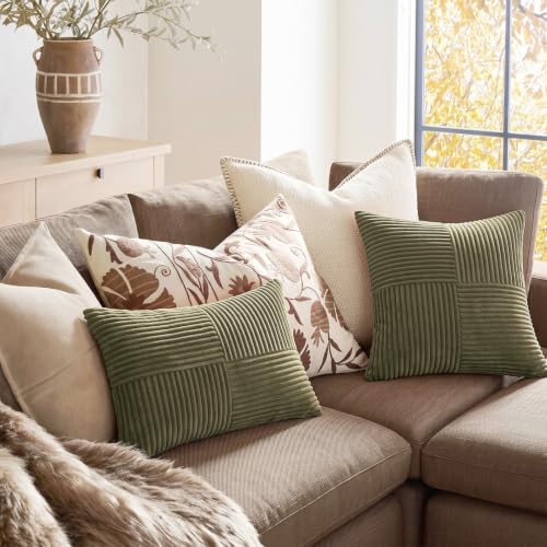 Image of Fancy Homi 2 Packs Olive Green Big Decorative Throw Pillow Covers 24x24 Inch for Living Room Couch Bed, Rustic Farmhouse Boho Home Decor, Soft Corss Corduroy Patchwork Accent Cushion Case 60x60 cm