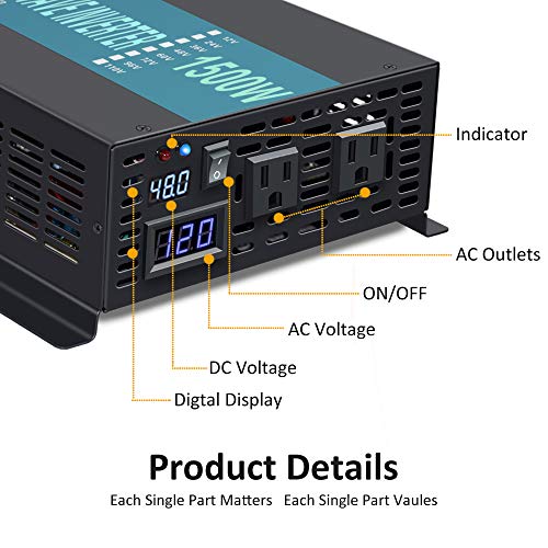 WZRELB Reliable 1500W Full Power High Frequency Pure Sine Wave Solar Power Inverter Off Grid 48VDC to 120VAC Voltage Converter Home Solar Generator(Black)