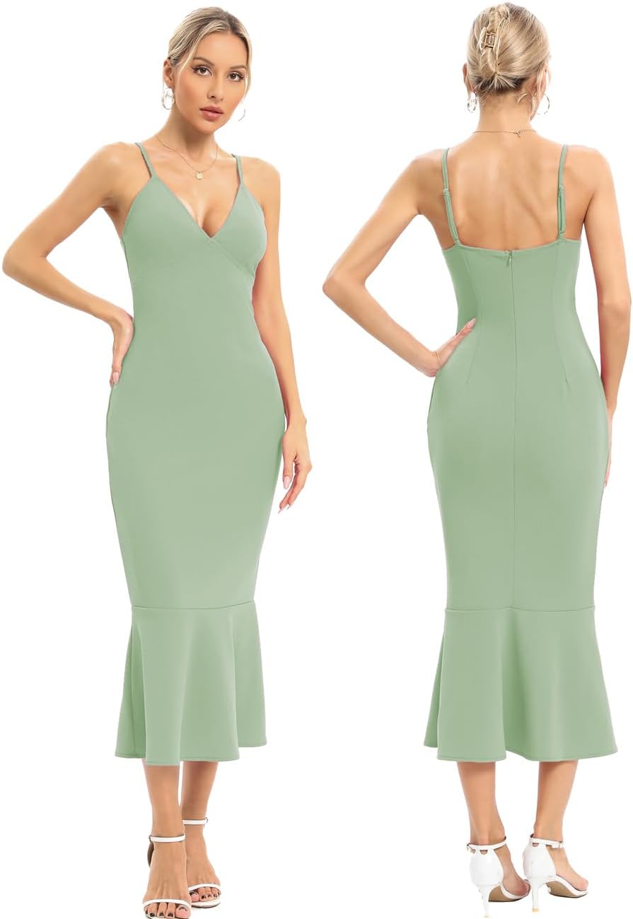 JLCNCUE Women's Spaghetti Straps V Neck Bodycon Mermaid Dress Elegant Ruffles Midi Dress Cocktail Evening Party Dress 325