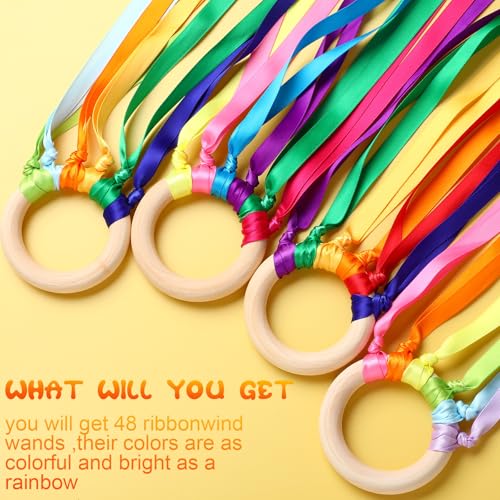 Image of Junkin Ribbon Rings Hand Kite Waldorf Toys Dancing Wrist Ribbons Rainbow Streamers with Wood Ring Educational Toy for Playroom Dancing Birthday Party Gift(Rainbow,48 Pcs)