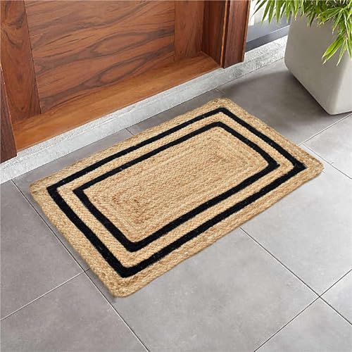 Image of Handmade Natural Jute Cotton Natural Fibers Floor /Door Mat Rugs Furnish Decor Striped Rectangular Design Carpet for Bedroom Living Room (JUTE008, 2x3-Runner)