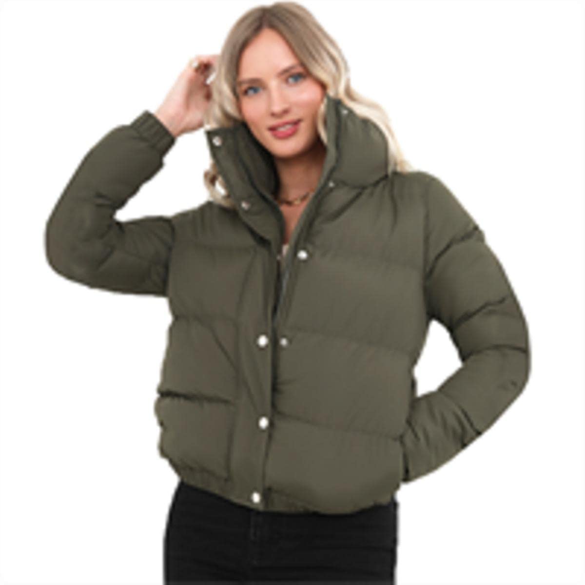 BRAVE SOUL Ladies Slaypeach Padded Short Length Puffer Jacket with Large Collar (10, Khaki)