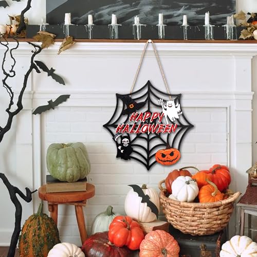 Image of Halloween Party decorations - Welcome Sign for Front Door,Rustic Round Wood Wreaths for Outdoor Outside,Spider Web Garland Porch Ghost Decor for Party Favors Supplies | Halloween Decor for Wall Indoor