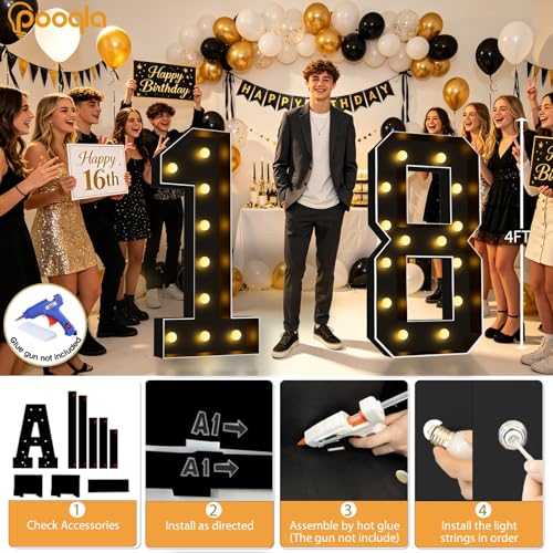 Image of Pooqla 4FT Marquee Light Up Numbers 0 for Birthday Party Decorations | Black LED Marquee Numbers Party Backdrop, 4 Feet Large Mosaic Numbers 10th 30th 50th Anniversary Birthday Gift for Boys Men