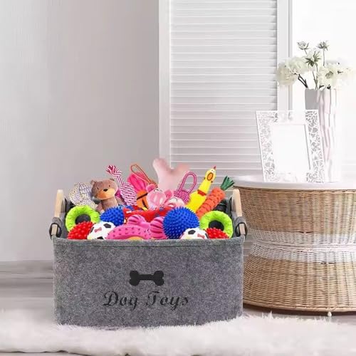 HUATEEN Hundespielzeug Aufbewahrung Korb,Großer Grauer Filzkorb für Hunde Welpenspielzeug Organizer Aufbewahrungsbehälter für Haustierspielzeug mit Griffen 38 x 25 x 18 cm
