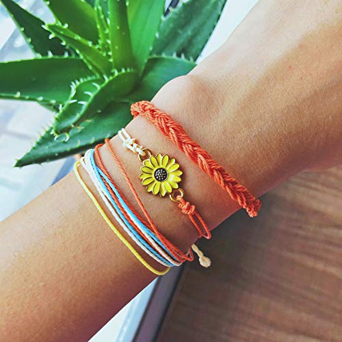 Image of Frodete 2Set Sunflower Braided Bracelet Adjustable Waterproof Wax Rope Bracelet Handmade Boho Beaded Jewelry