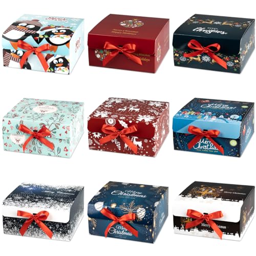 ARTLYMERS Christmas Gift Boxes with Lids, 9 Pack Gift Box and Red Ribbon Christmas Themed Pattern Small Gift Boxes for Xmas Presents Gifts Easy Assemble