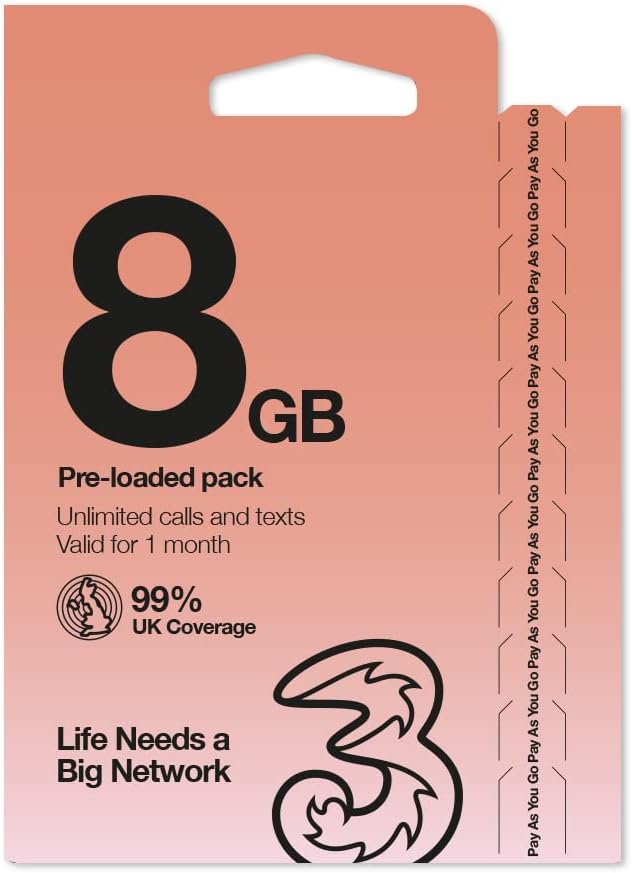 Three Mobile PrePaid Europe UK Three sim Card 8GB DataUn MinutesUn Texts for 30 Days w