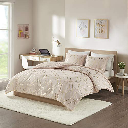 Intelligent Design Ainsley Comforter Set-Geometric Metallic Print to Faux Fur Reverse Trendy All Season Hypoallergenic Bedding, Matching Sham, Full/Queen, Blush 3 Piece, ID10-1762 