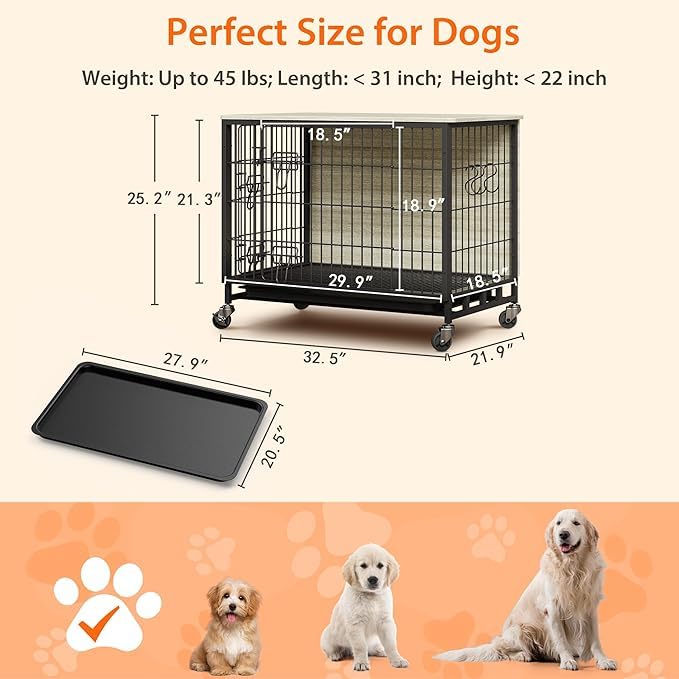 Medium Dog Crate Furniture, 32.5"L x 21.9"W x 25.2"H, Indoor Pet Crate with Double Doors, Removable Tray and 360° Wheels, Wooden Countertop Dog Kennel, Gray&Black - Image 4