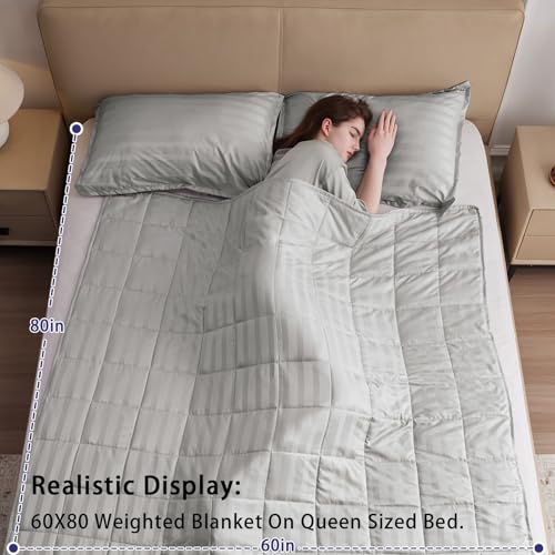 Image of yescool Weighted Blanket for Adults (25 lbs, 60 inch x 80 inch, Light Grey Stripes) Heavy Blanket for Sleeping Perfect for 240-260 lbs, Queen Size Breathable Blanket with Premium Glass Bead, Machine Washable