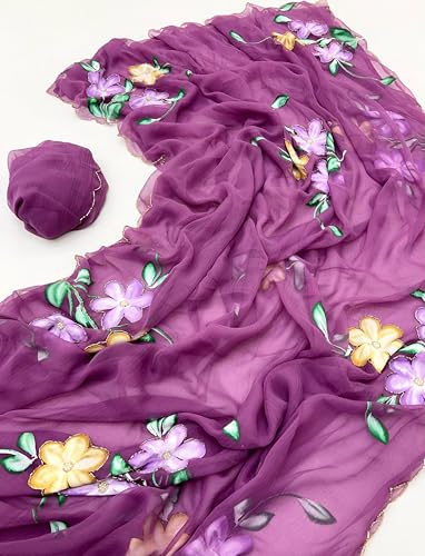 Image of Arkia Women's Yellow Floral Hand Painted Hand Embroidered Cut Work Chiffon Saree with Blouse Piece
