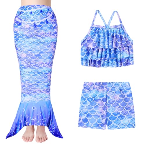 Girls Tankini Swimsuit 3 Piece Mermaid Bathing Suit Kids Ruffle Top with Shorts Fish Tail Set Swimwear4