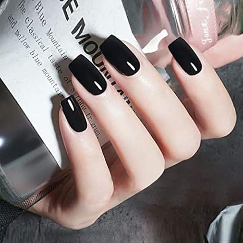 TseenYi False Nails Pure Black Long Square Head False Nails Solid Color Full Cover Shiny Coffin Fake Nails for Women and Girls(24 Pieces) Cover