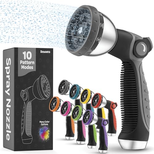 Image of Hose Nozzle [Silver] Heavy Duty Hose Sprayer With 10 Adjustable Watering Patterns. Thumb Control Design, Comfortable Ergonomic Grip, Garden Hose Nozzle for Watering Plants & Lawns /Fun showers /Cleaning
