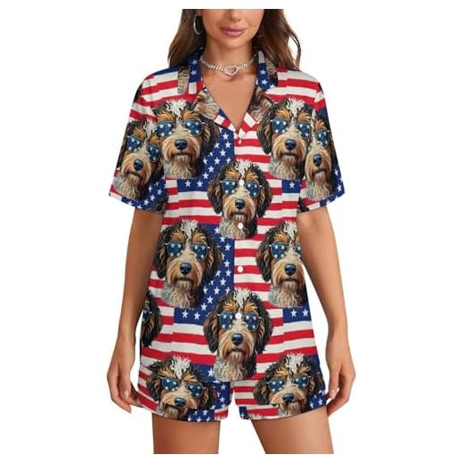 WUXEKZO 2 Pack Women's Polyester Lagotto Romagnolo American Flag Dog Pajamas Buttoned Short Sleeve Shirt and Full Length, Soft Suit Loungewear S-4XL