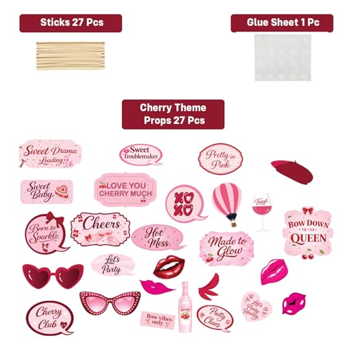 Image of Party Propz Cherry Theme Photo Booth Props - Set of 55 Pcs Pink Party Props with Sticks & Glue Dots, Birthday Decoration Props for Girls, Photo Booth Accessories for Party