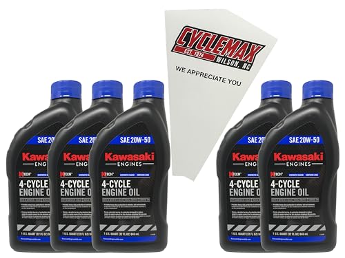 Cyclemax Five Pack compatible with Kawasaki SAE 20W50 4-Cycle K-Tech Lawnmower Engine Oil 99969-6298 Contains Five Quarts and a Funnel
