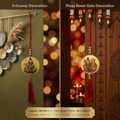 Image of Shiv Parivar Car Hanging with Bholenath Dual Side Gold Glossy Spiritual Locket Hanging for Car Rear View Mirror 13 Inch