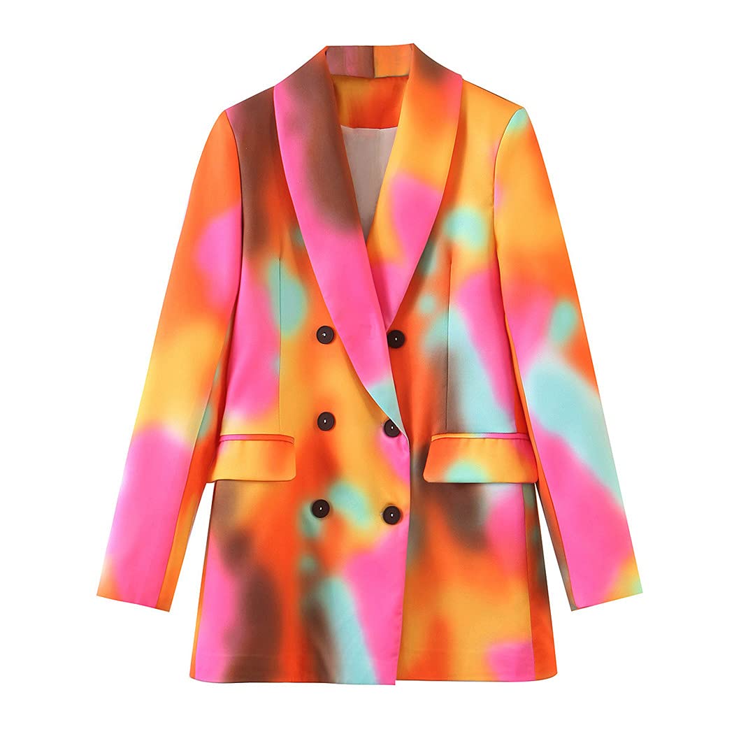 Women Tie-Dye Hit Color Double Breasted Blazer Lapel Long Sleeve Loose Jacket