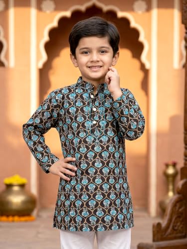Image of KiddoPanti Boys 100% Cotton Ethnic Motif Printed Short Length Kurta