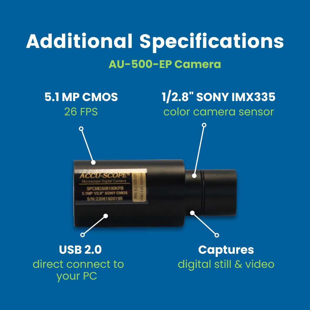 Accu-Scope Microscopio Digitale con Fotocamera Oculare, EXC-103-EP - Testa Trinoculare, Ingrandimento 40-1000X, Illuminazione LED Cordless - Immagini 5.1 Megapixel, Video 26 FPS, Uscita USB 2.0