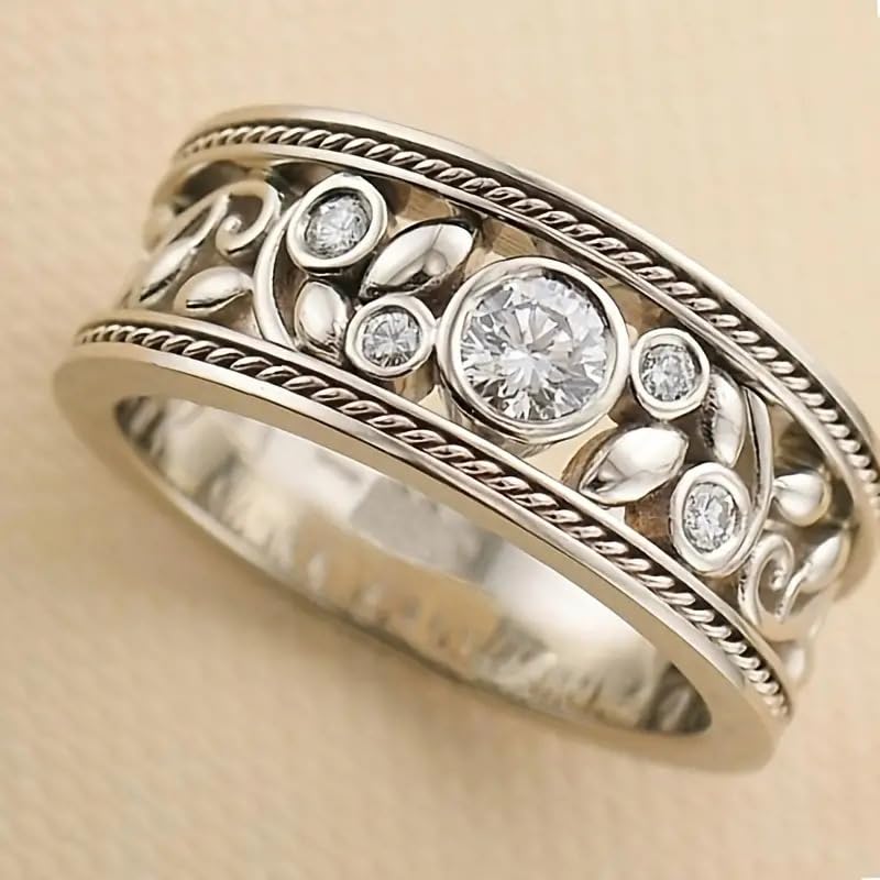 Gixaxak Vintage Eternity Silver CZ Ring Hollow Design Flower Scroll Promise Ring Band Wide 925 Sterling Silver Eternity Statement Stackable Wedding Engagement Bands Gift for Women 103