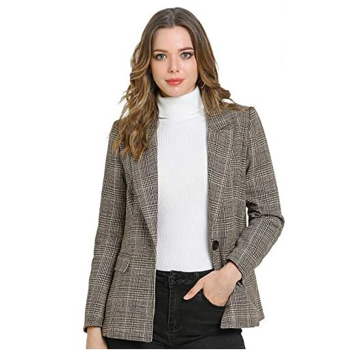 Allegra K Women's Boyfriend Notched Lapel One Button Houndstooth Blazer Jacket Medium Brown