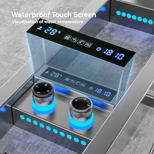 Image of ELLO&ALLO LED Rainfall Shower Head and Rain Massage System with Body Jets Stainless Steel Bathroom Shower Panel Tower System with Shelf, Brushed Nickel&Chrome