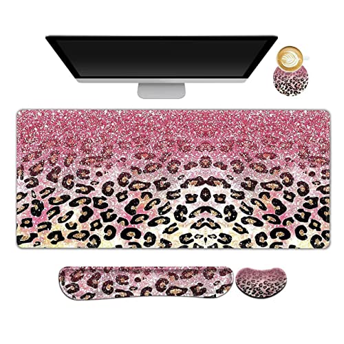 Image of ARTSO Extended Gaming Mouse Pad Set, Keyboard Wrist Rest Support Pad + Wrist Cushion + XXL Large Mouse Pad + Coaster, Stitched Edge, Non-Slip, Memory Foam Desk Mat, Pink Leopard Print