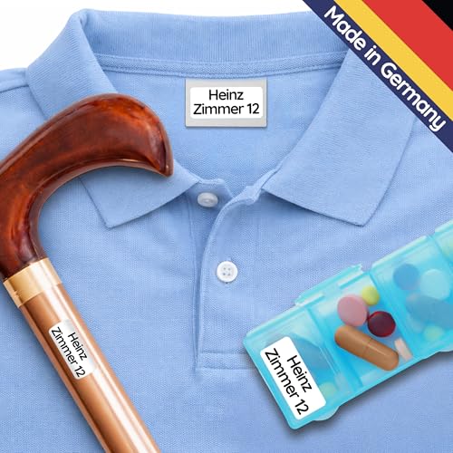 Wäscheetiketten für Pflegeheime & Altenheime (60 Stück, Weiß) - Namensschilder für Kleidung und Gegenstände sind waschmaschinenfest, Personalisiert zum Aufkleben