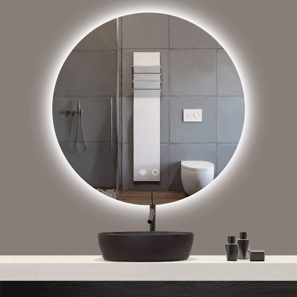 Keonjinn LED Round Bathroom Mirror 24 Inch Backlit Mirror Bathroom Lighted Mirror Dimmable Circle Mirror with Lights Wall Mounted Vanity Mirror Anti-Fog Round Illuminated Makeup Mirror, CRI 90+