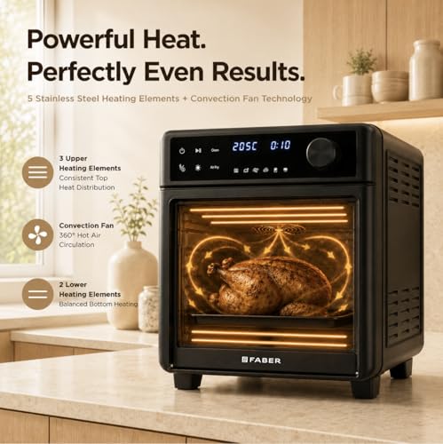 Image of Faber Air Fryer Oven 14L 1400W|View Window| Digital control|Convection Function|Bake Tray, Tray Handle & Crumb Tray|Dishwasher safe removable parts|12 Presets|Roast,Fry,Toast,Defrost|FAO FryMax 14D BK
